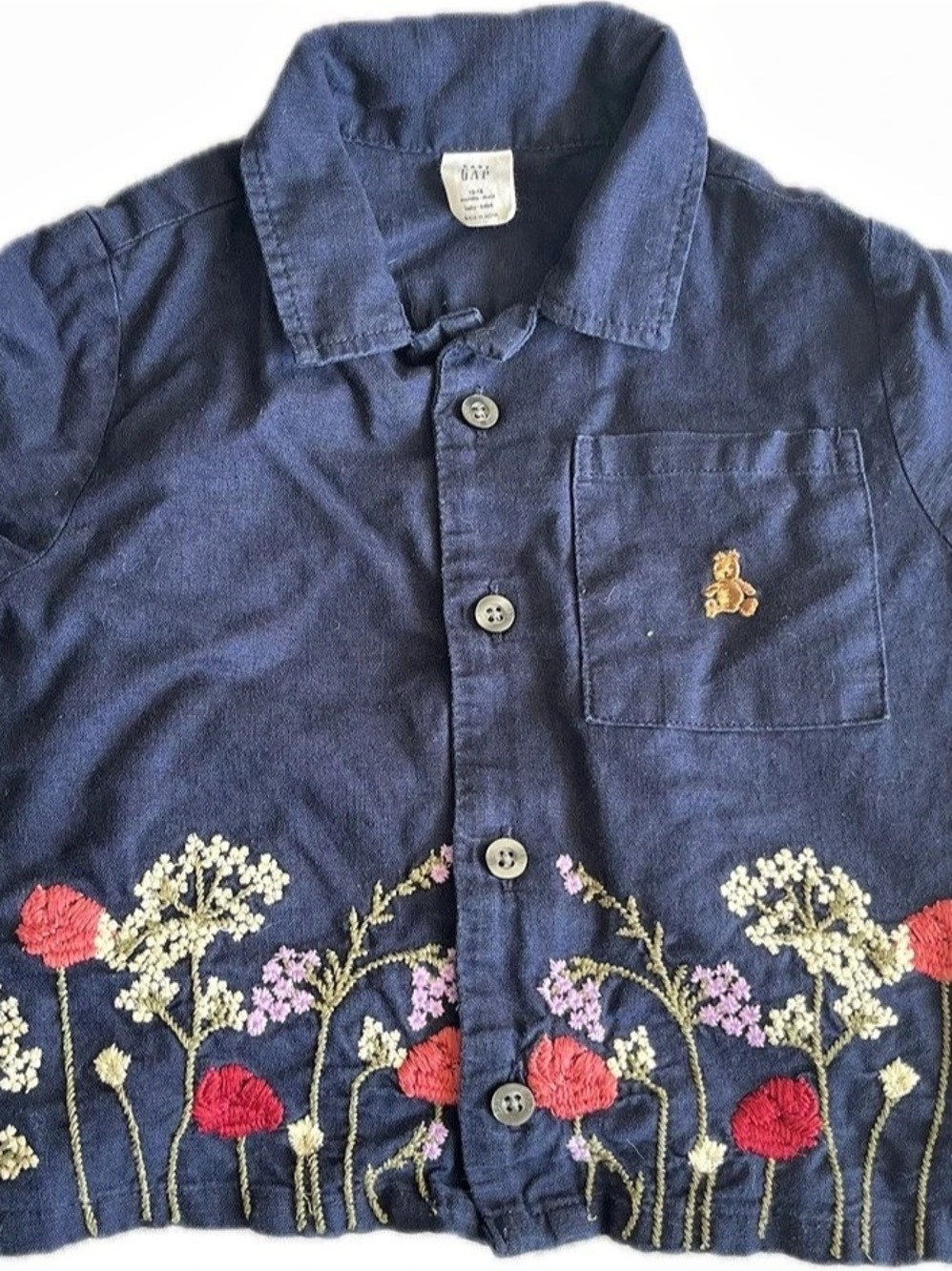 Baby Gap Floral Embroidered Button Down Shirt 12-18M Navy